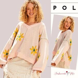 POL V-Neck Floral Pattern Chenille Long Sleeves Pullover Sweater | Pink Mojito